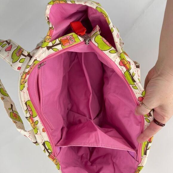 Sugarbooger Owl Tree Print Tote Shoulder Bag Lined Pockets Canvas Green - Picture 7 of 16